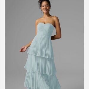 Strapless Tiered Pleated Maxi Dress in Light Blue